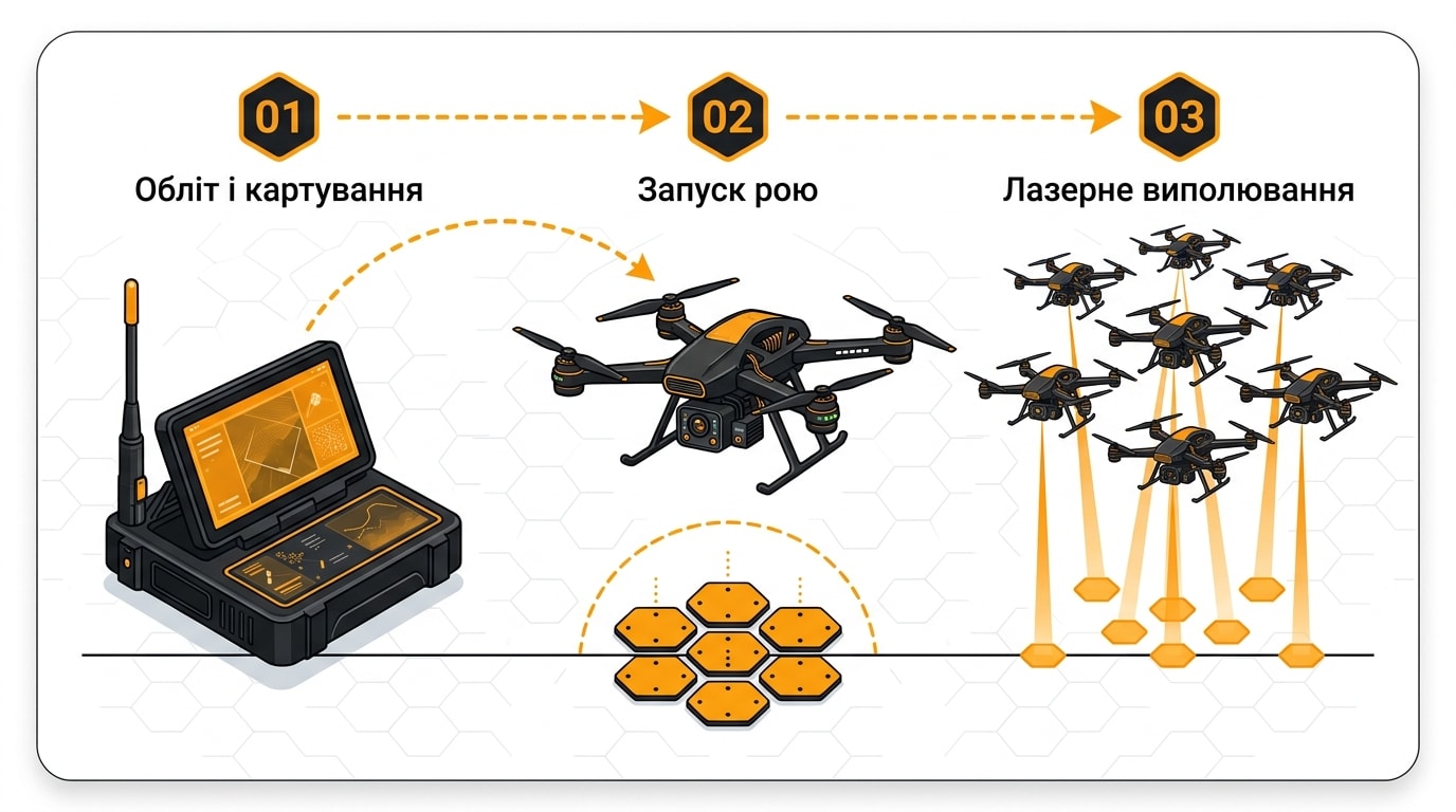 схема: базова станція → обліт → робота рою